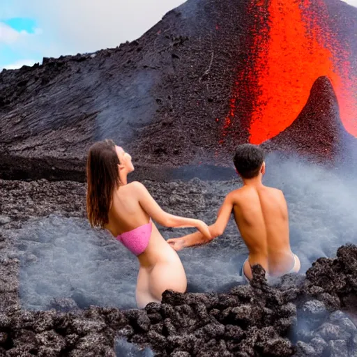 Image similar to young couple taking a bath in lava, volcanic eruptions in the background