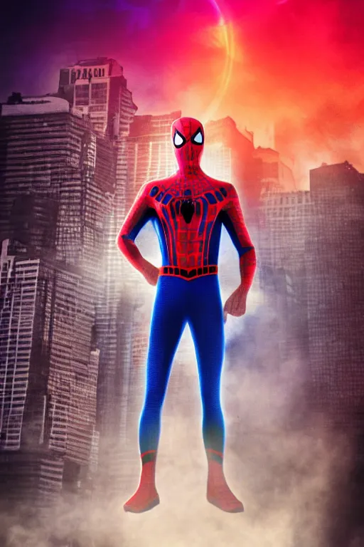 Prompt: tie-dye spider-man, character poster, dramatic lighting, atmospheric dust, intense lens flare, hazy city backdrop