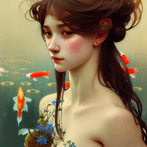 Image similar to Portrait of a girl surrounded by Koi fish, face, fantasy, intricate, elegant, highly detailed, digital painting, artstation, concept art, smooth, sharp focus, illustration, art by Krenz Cushart and Artem Demura and alphonse mucha