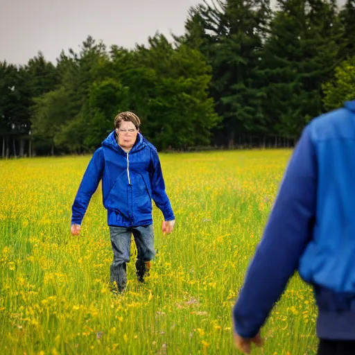 Prompt: destiny ( steven bonnell ii ) in a blue jacket walking in a field, 5 0 mm sigma lens, sony a 7 siii