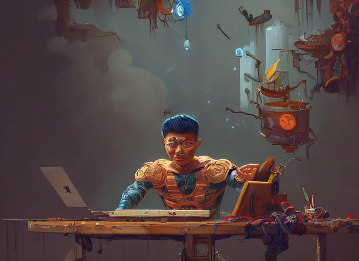 Image similar to an insanely detailed painting of an asian man wearing a homemade superhero costume, sitting at a desk, staring seriously at the computer and typing, in the style of peter mohrbacher, james jean, artgerm, dramatic lighting and composition, surreal background, octane render, pixar, trending on artstation, concept art, comic book, view from behind, 8 k