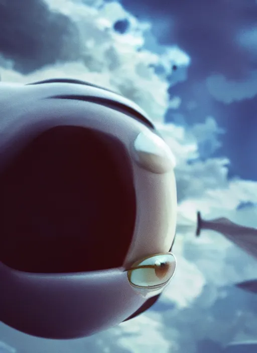 Image similar to detailed eye in the clouds, style of Feng Zhu, studio ghibli, Artstation, unique features, clean, octane render, cinematic, 8k, retro sci fi film,