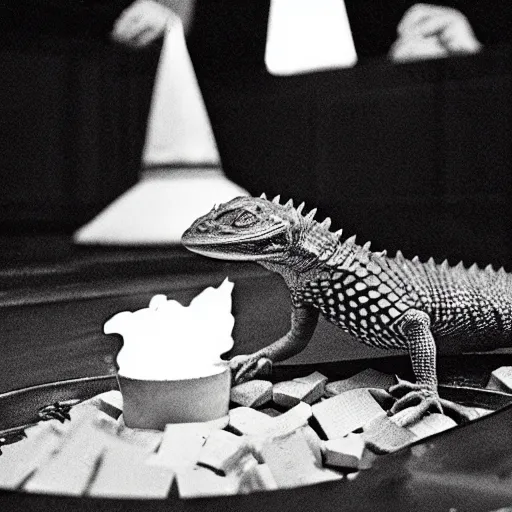 Prompt: conehead lizard businessmen burning money for fun, 35mm grainy film photography