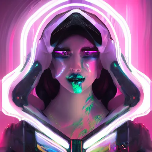 Prompt: a portrait of a cyberpunk robot geisha sorceress, warcore, sharp focus, detailed, artstation, concept art, 3 d + digital art, wlop style, biopunk, neon colors, futuristic, neon noire, storytelling