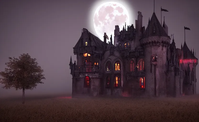 Image similar to a picture of burning!!! gothic! castle in fog, full moon, visual art, 8 k resolution, 3 d modelling, accent lighting, art station