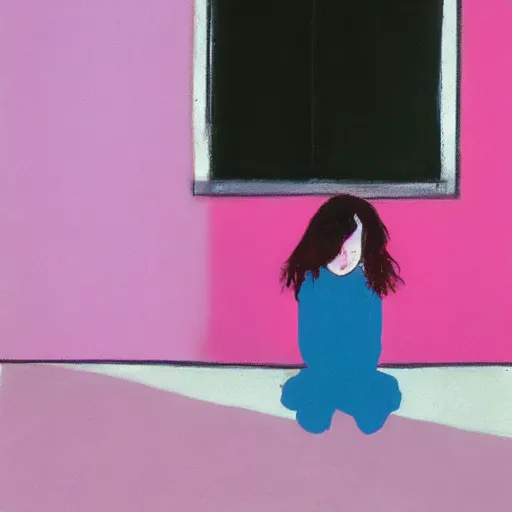 Prompt: sad young girl, sitting against pink wall, emotional, mixed media by francis bacon