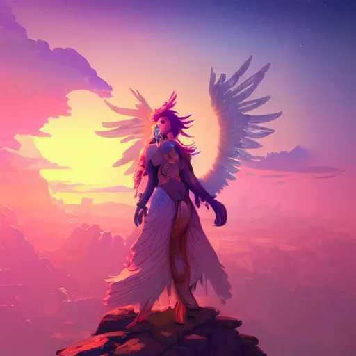 Prompt: an angelic hyperdetailed 3 d matte painting of a female warrior in an angelpunk mechasuit in the style of overwatch hero and hyper light drifter over a beautiful sunset color scheme by peter mohrbacher by beeple by peter max