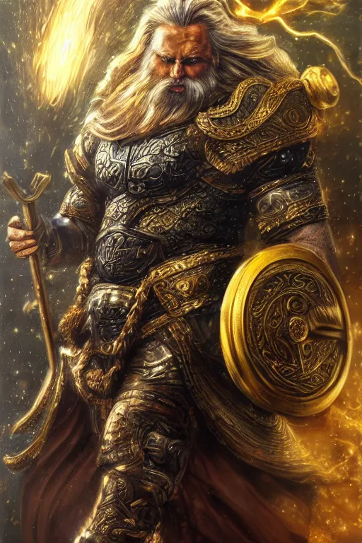 Prompt: mythological odin all father supreme God of thunder and smithing and artificial intelligence creating an artificial neural network with gold synapses on an anvil with his mighty hammer, high resolution, award winning art, trending on art station, sharp image, incredibly detailed, detailed character, realistic painting, hyperrealistic painting