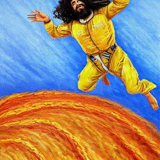 Prompt: arab man with long curly hair skydiving, pastel colors, oil painting, dreamy