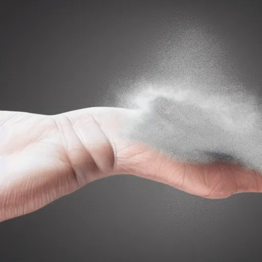 Prompt: hand disolves into volumetric dust pale death arnold render