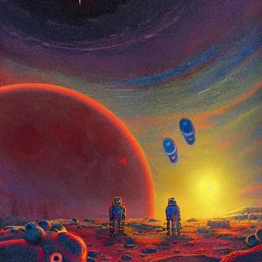 Image similar to lunar eclipse on strange alien planet with craters and unusual plants detailed painting in the style of paul lehr 4 k