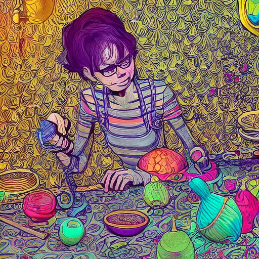 Image similar to helen the bean queen, an ultrafine detailed illustration by james jean, intricate linework, bright colors, final fantasy, behance contest winner, vanitas, angular, altermodern, unreal engine 5 highly rendered, global illumination, radiant light, detailed and intricate environment