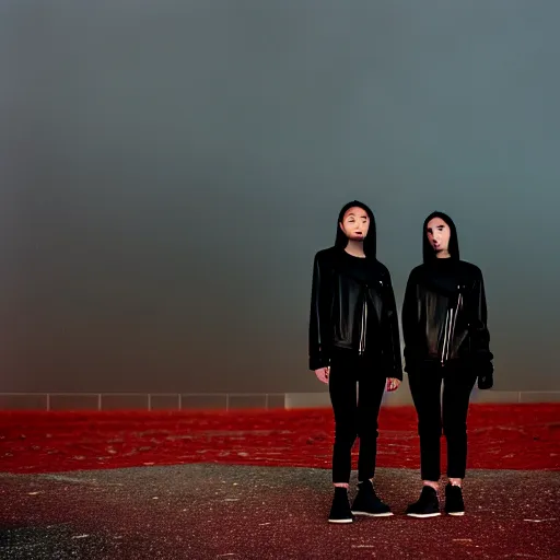 Image similar to cinestill 5 0 d photograph of 2 women wearing black techwear in front of a brutalist sharp - edged metal building, on a desolate plain, red eerie sky, sigma 8 5 mm f / 1. 4, 4 k, depth of field, high resolution, highly detailed, 4 k, 8 k, hd, full color