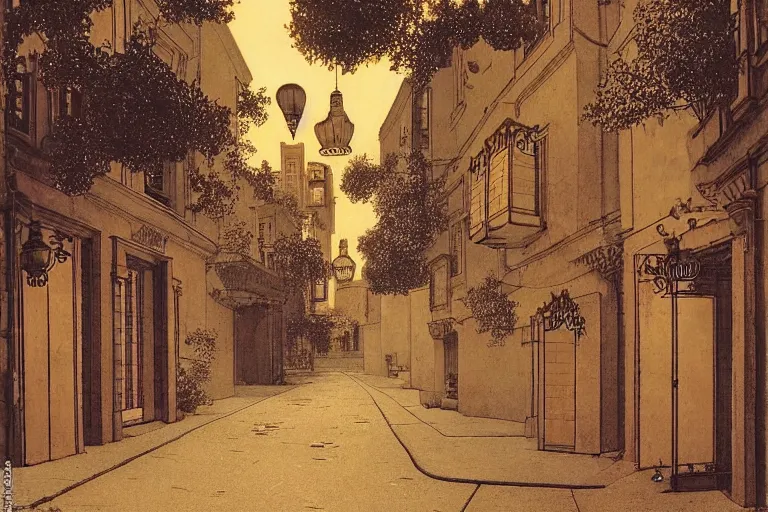 Image similar to winding street at midnight in a very old very beautiful city by George Price Boyce and Maxfield Parrish, glowing paper lanterns, strong dramatic cinematic lighting , ornate tiled architecture, lost civilizations, smooth, sharp focus, extremely detailed