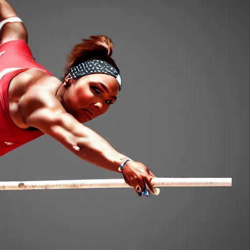 Image similar to lizzo pole vaulting, sports photography, photorealistic, highly detailed,