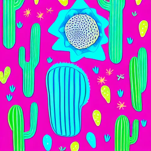 Prompt: cactus made from colourful shiny transparent jelly in the style of kurzgesagt, adobe illustrator, graphic design illustration, vector art, bold colours