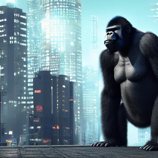 Prompt: a giant gorilla in a cyberpunk Japanese city, photo realistic, well detailed, cinematic, 8k