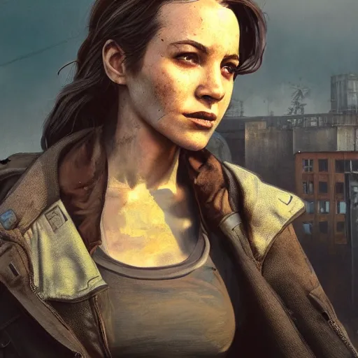 Image similar to fallout 5, charismatic beautiful rugged brunette female protagonist, portrait, outdoors ruined cityscape, atmospheric lighting, painted, intricate, volumetric lighting, beautiful, daytime, sunny weather, slight overcast, sharp focus, deep colours, ultra detailed, by leesha hannigan, ross tran, thierry doizon, kai carpenter, ignacio fernandez rios