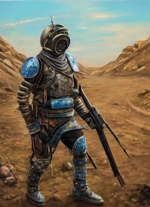 Prompt: a detailed painting of a man in post apocalyptic home made armour and a helmet holding a modified shotgun walking around a wasteland with a blue sky. hd. 1 9 5 0 s oil painting style.