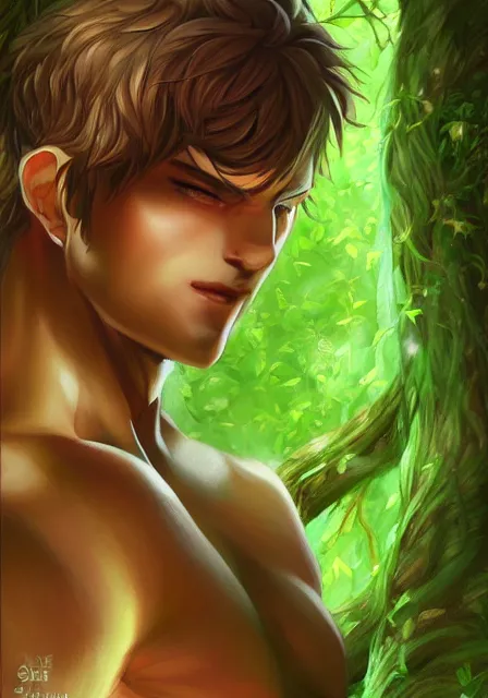 Image similar to A realistic anime portrait of a handsome buff dryad with glowing green eyes and tree bark skin wearing clothes made of leaves, digital painting, by Stanley Artgerm Lau, Sakimichan, WLOP and Rossdraws, digtial painting, trending on ArtStation, SFW version