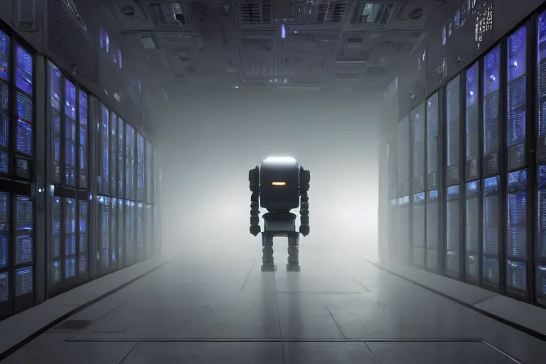 Prompt: extremely detailed cinematic movie still 3 0 7 7 foggy portrait shot of a robot in an endless data centre by denis villeneuve, wayne barlowe, simon birch, marc simonetti, philippe druillet, beeple, bright volumetric sunlight from small windows, rich moody colors