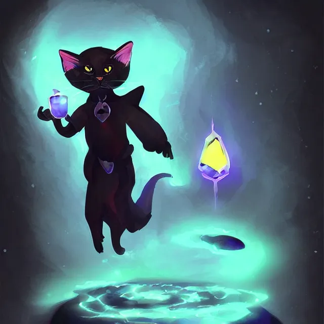 Prompt: a black cat tabaxi sorcerer holding a glowing crystal, character concept, artstation, stylized