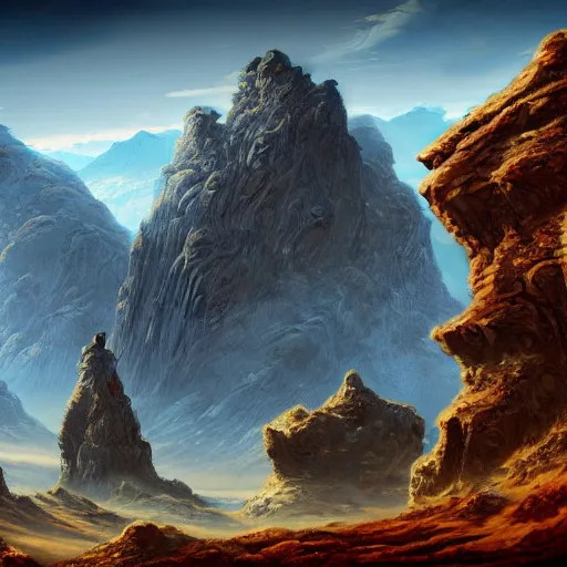 Image similar to The Sci-Fi stone landscape with large mountains in the background, wallpaper d&d art, fantasy, painted, 4k, high detail, sharp focus