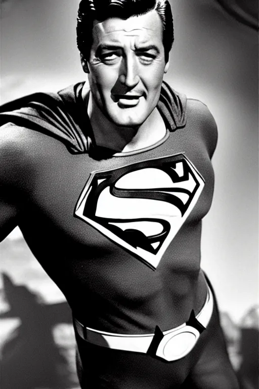 Image similar to rock hudson playing superman in, superhero, dynamic, 3 5 mm lens, heroic, studio lighting