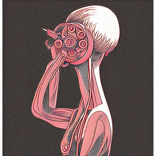 Image similar to stipple shaded illustration of a bird peering into a human ear, by ilya kuvshinov, anatomy book, retro flat colors, retrofuturism