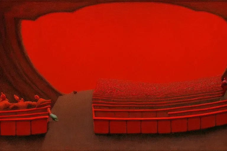 Image similar to only with red, a red great emperor, taormina amphitheatre, crowd with big smile, in the style of beksinski, parts by edward hopper, parts by rodcenko, parts by yue minjun, intricate and epic composition, red by caravaggio, insanely quality, highly detailed, masterpiece, red light, artstation, 4 k