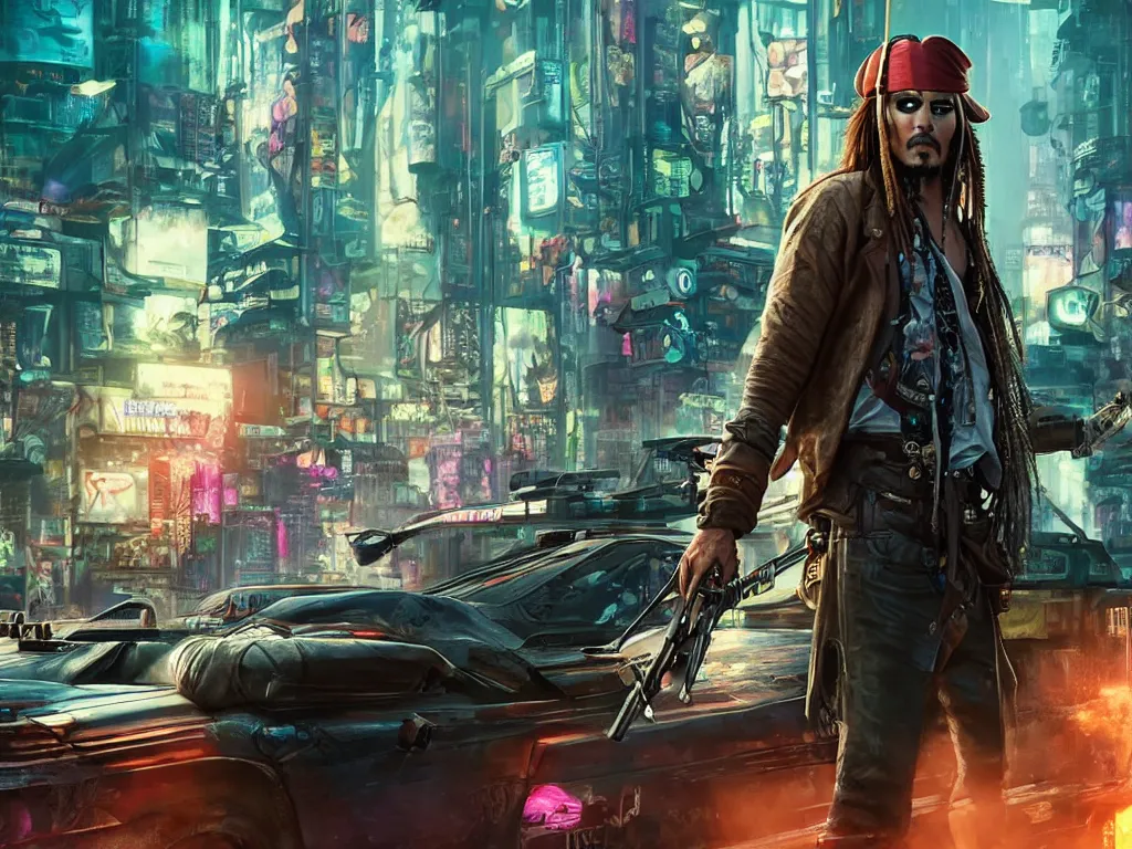 Image similar to jack sparrow in the game of cyberpunk 2 0 7 7, portrait, focus, 3 d illustration, sharp, intricate, poster, jack sparrow standing in front of the futuristic car, night city dystopian cyberpunk city in the background, holding a gun, photo, detailed photo, scene from blade runner