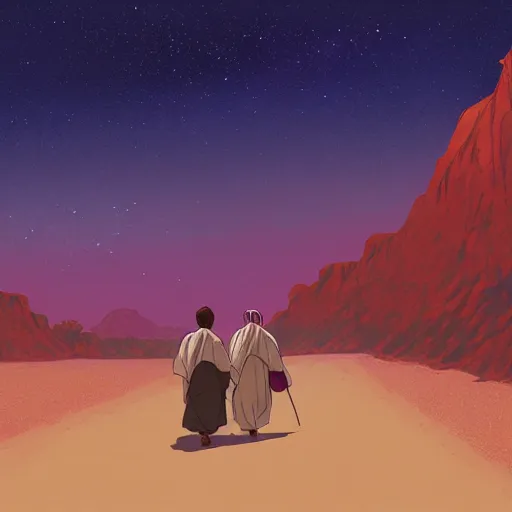 Prompt: bedouin walking towards mosque surrounded by nebula, artstation, detailed cartoon, elegant, digital painting, concept art, smooth, sharp focus, illustration, ghibli, makoto shinkai, don bluth, fujita goro, jean giraud, akihiko yoshida, tom whalen 8 k