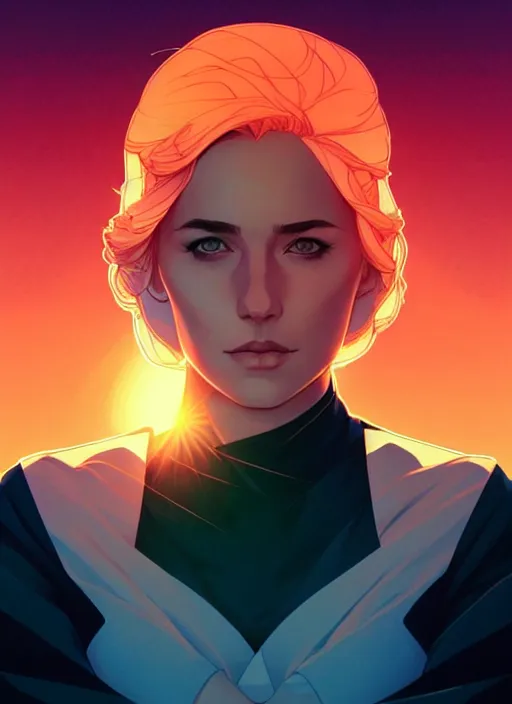 Image similar to artgerm Joshua Middleton comic art, cinematics lighting, sunset colors, pretty female Sarah Goldberg, big smirk, symmetrical face, symmetrical eyes,full body, in a field, sunset