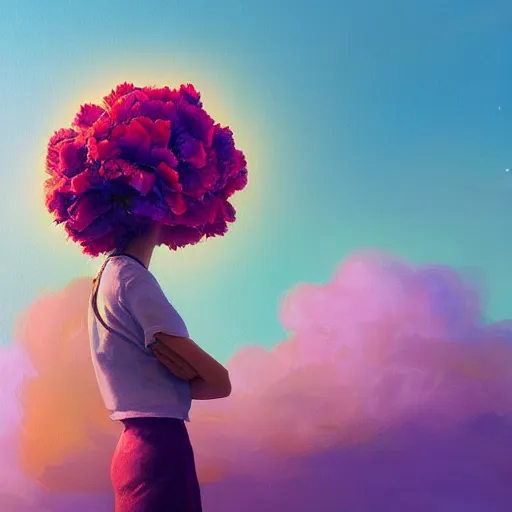 Image similar to girl with a giant carnation head, surreal photography, flower field, sunset dramatic light, impressionist painting, colorful clouds, blue sky, digital painting, artstation, simon stalenhag