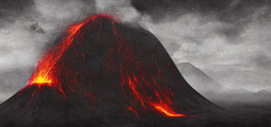 Image similar to Erupting Volcano with Monsters flying around it, gothic art, color, eerie, horror, scary, ominous, 8k, highly detailed