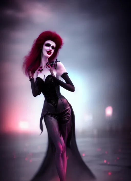 Image similar to realistic matte painting, full length portrait, the vampire duchess of blood owns las vegas at night, fangs, pale, confidant, highly detailed, CGsociety, concept art, HDR, hyper realistic, volumetric lighting, subsurface scattering, unreal,