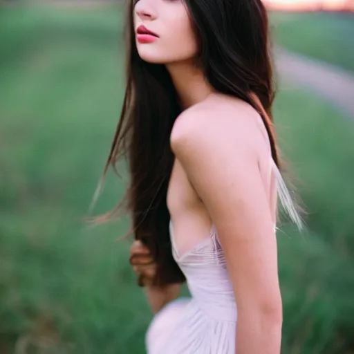 Image similar to outdoor portrait of a very beautiful young woman with gorgeous eyes, high cheek bones, flowing hair, lens flare, glow, dramatic lighting, 5 0 mm f 1. 2, fuji 4 0 0 h