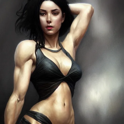 Image similar to a black haired woman in a black tank top, muscular upper body, abs, D&D, fantasy, intricate, elegant, highly detailed, digital painting, artstation, concept art, smooth, sharp focus, illustration, art by artgerm and greg rutkowski and alphonse mucha