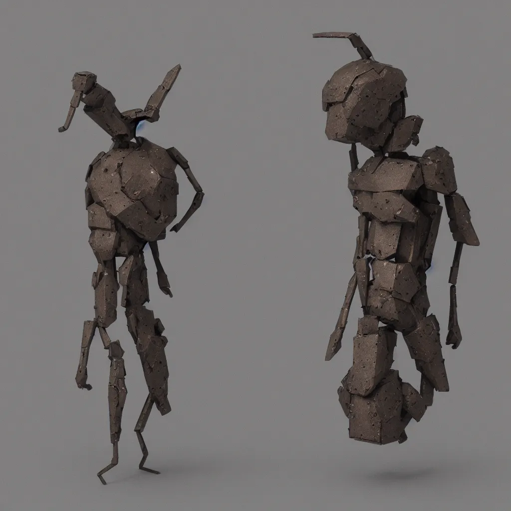 Image similar to brutalist sculpture of an ant head made of riveted steel sheet metal, octane render, trending on Artstation, soft noise gradient background