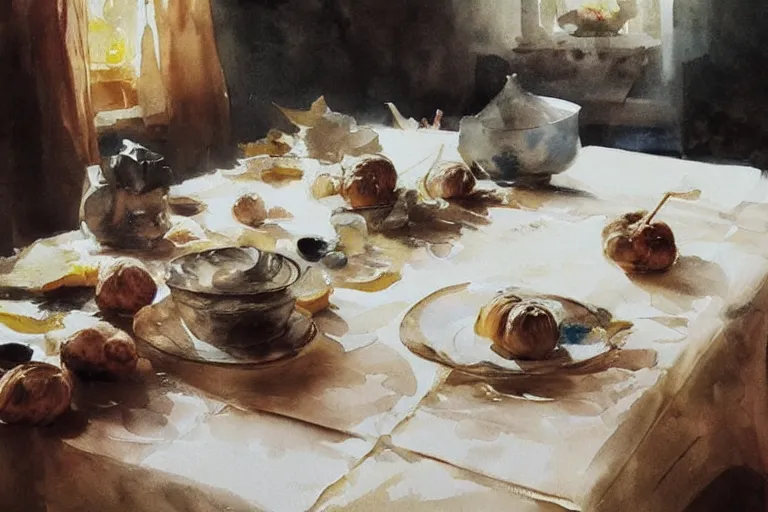 Image similar to paint brush strokes, abstract watercolor painting of walnuts on table cloth, leaves, art by hans dahl, by jesper ejsing, art by anders zorn, wonderful masterpiece by greg rutkowski, cinematic light, american romanticism by greg manchess, creation by tyler edlin