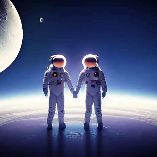 Image similar to a gay couple floating in space looking at the moon from up close, science fiction industrial hard science concept art, 8 k render octane high definition cgsociety