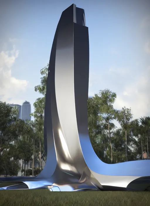 Image similar to highly detailed realistic architecture 3 d render of a huge high futuristic metallic stele sculpture in zaha hadid style standing in city park, archdaily, made in unreal engine 4