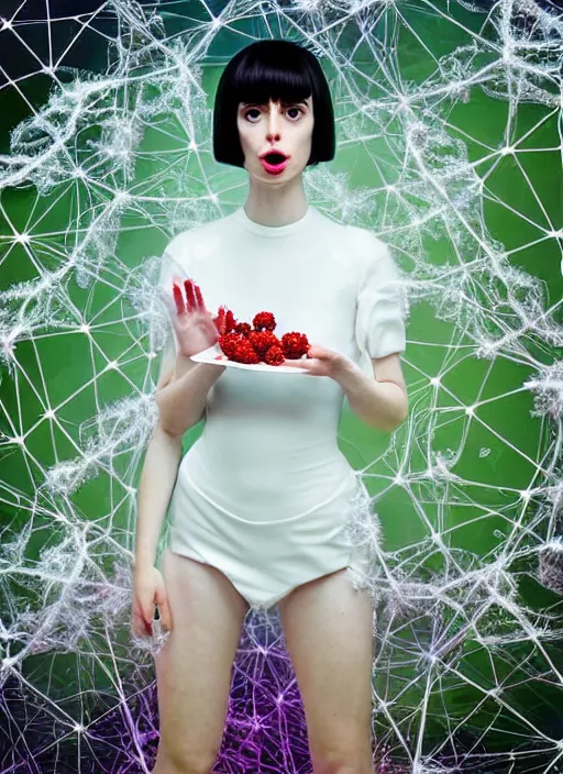 Prompt: hyper render - kawaii portrait ( space suit, chrome, porcelain forcefield, krysten ritter ) eating in network berry and her delicate hands hold gossamer polyp fungal flowers, dress, ryden, odilon