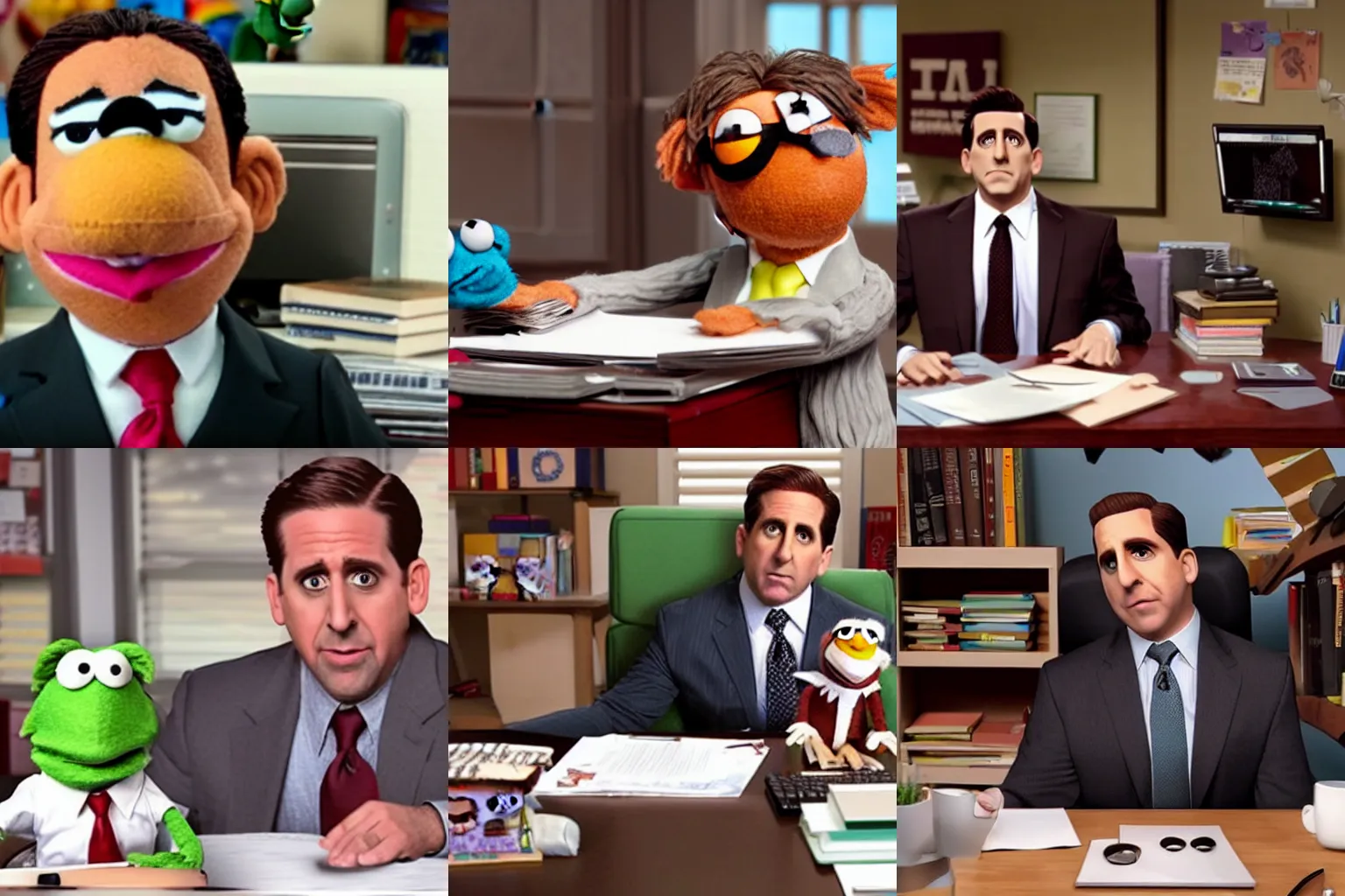 Prompt: ultra realistic photo of Michael Scott as a Muppet at his desk