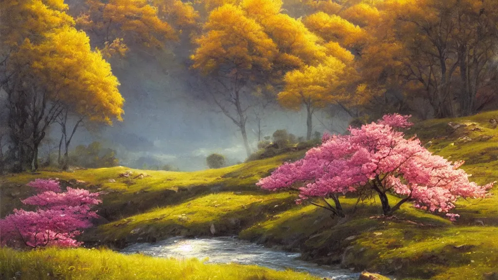 Prompt: A beautiful landscape oil painting of a hill with trees, the spring has arrived and the trees are blooming and covered with colorful flowers, the flowers are yellow, pink, purple and red, the river is zigzagging and flowing in its way, the river has lots of dark grey rocks, by Greg Rutkowski