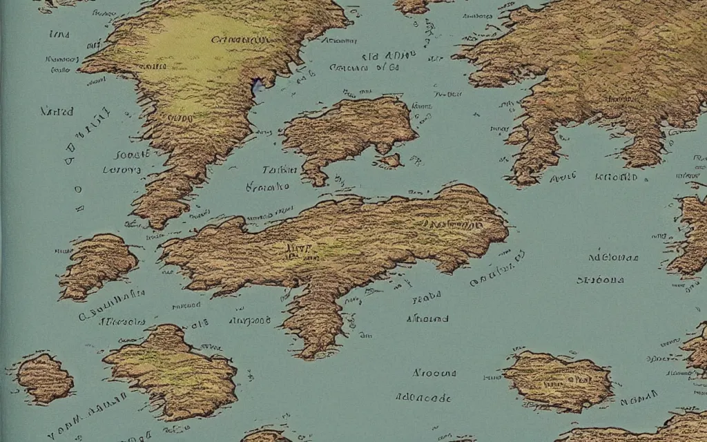 Prompt: a world map for a new fantasy land, topographical view with forests, lakes, oceans, seas, mountains, and other terrains