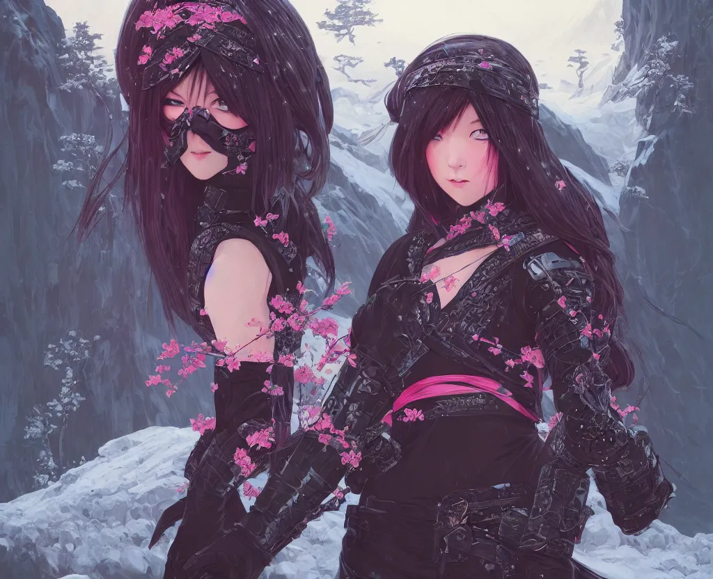 Image similar to portrait ninja gaiden girl, black plus little pink ninja wardrobe, at snowy fuji mountain sunrise, ssci - fi and fantasy, intricate and very very beautiful, detailed, digital painting, artstation, concept art, smooth and sharp focus, illustration, art by tian zi and wlop and alphonse mucha