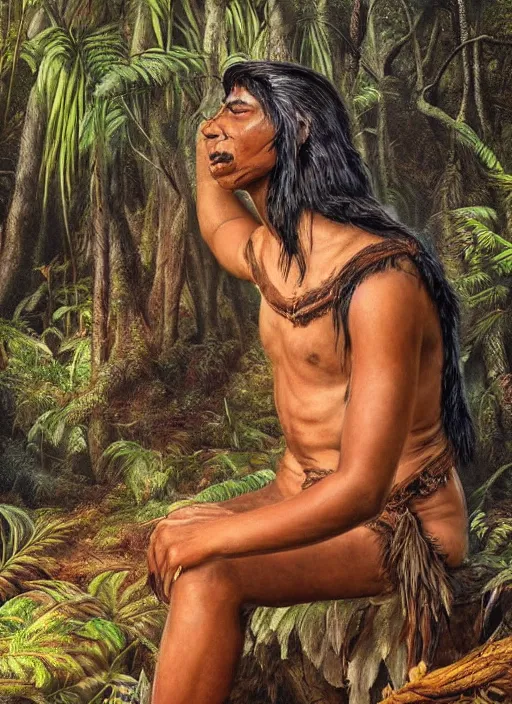 Prompt: a beautiful portrait of an indigenous man taking rapé in the jungle, taking tobacco snuff, fantasy art, matte painting, highly detailed