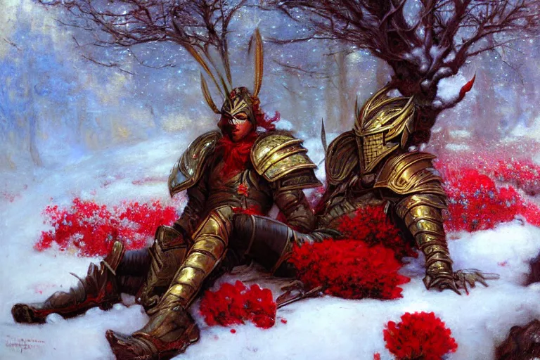 Image similar to winter, a male warrior wearing armor relaxing under a world tree with red flowers, ground covered with snow, extreme long shot, fantasy, painting by gaston bussiere, craig mullins, j. c. leyendecker, trending on artstation