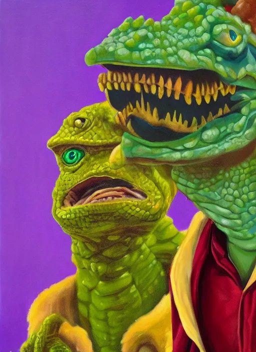 Prompt: oil painting portrait of a cowboy lizard person, a gorn from star trek, a snake oil salesman wearing a blonde wig in a movie poster for a movie called gorn on the bull horn girl, purple green color scheme